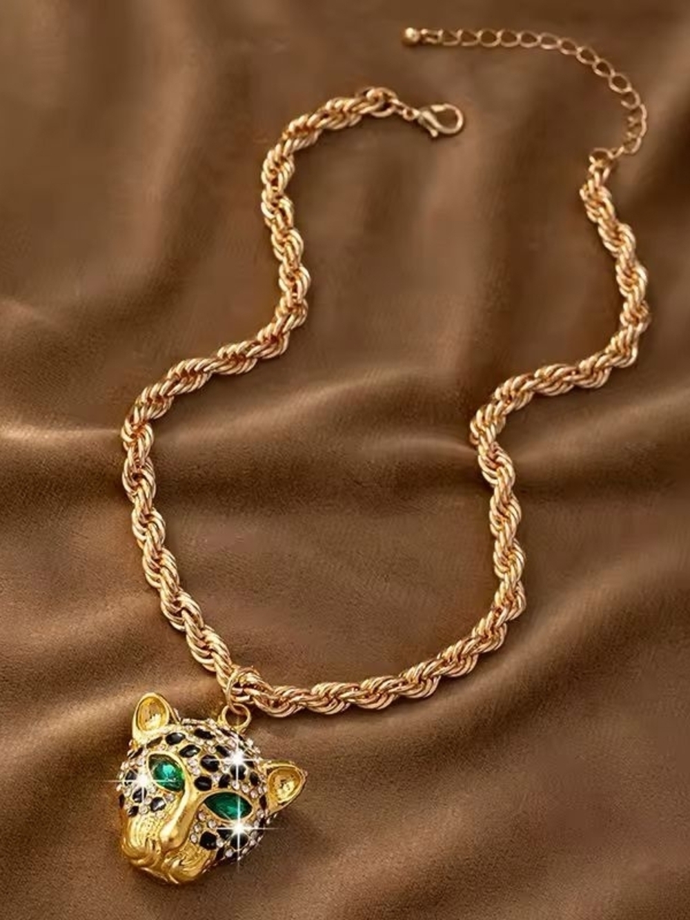 Gold Leopard Head Pendant Necklace with Green and Black Details - Picture 6 of 6